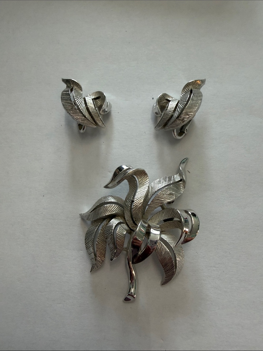 Vintage Trifari Silver-Tone Sculpted Leaf Brooch with Matching Clip Earrings